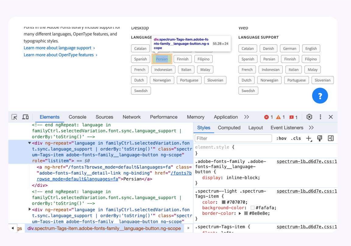 A figure that shows the list of tags inspected in Devtools.