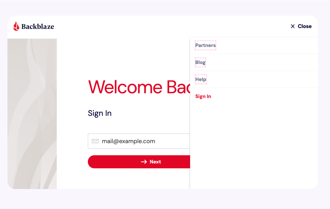 A screenshot from Backblaze website that highlights how the target size is around the navigation item only with a different width for each.