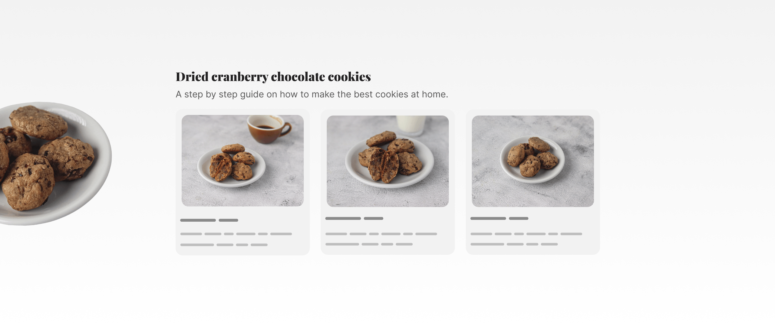 Decorative cookie plate beside a section with three recipe cards