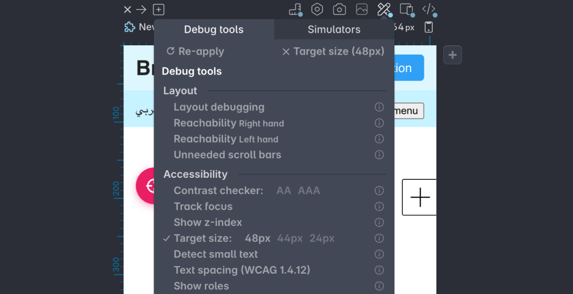 A screenshot from Polypane browser that shows the debugging tools it's provide.