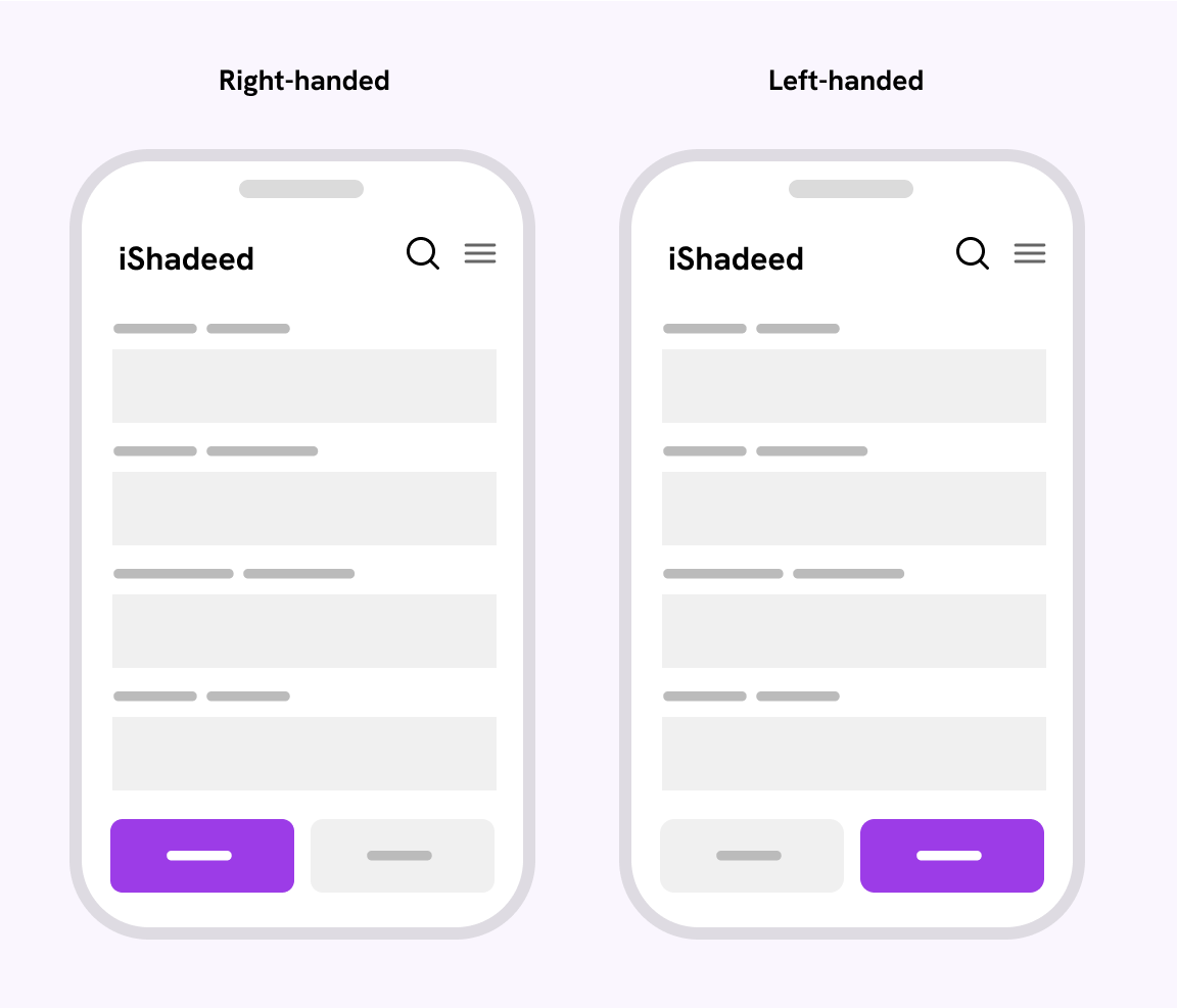 Left: a mobile UI with the primary button on the left. Right: a mobile UI with the primary button on the right.
