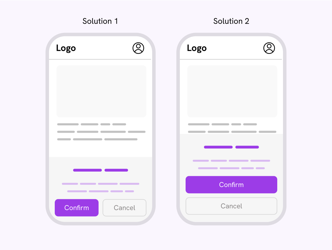 Left: a mobile UI that shows a bottom sheet UI with the action buttons displayed next to each other. Right: the same UI, but the action buttons are stacked on top of each other and taking the full width of the container.