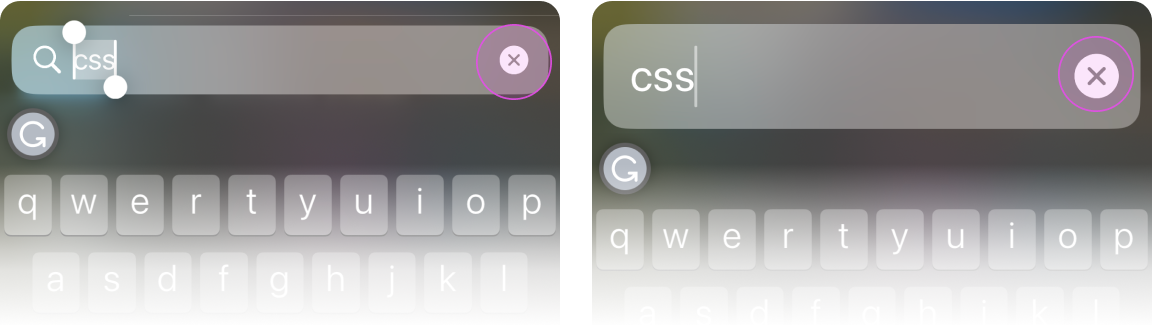 A figure that shows a comparison between the search dismiss icon in iOS with different system font sizes.