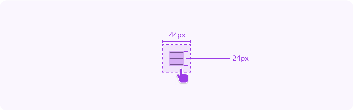 A visual that shows a button, highlighting the icon size (24px) and the target size (44px)