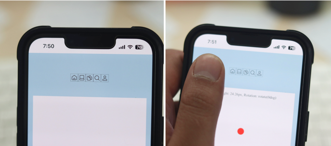 Left: the actions compared to the screen size. Right: the actions compared to my thumb finger.