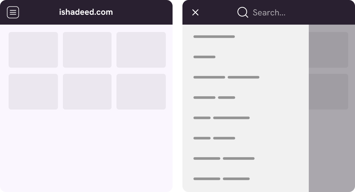 Left: website on mobile size with a header that contains a menu icon on the left and a centered logo. Right: both the menu and search are opened in the header, with a transparent overlay.