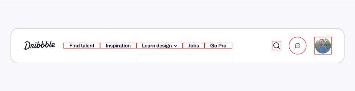 A figure that shows how small the target size is for Dribbble's navigation.