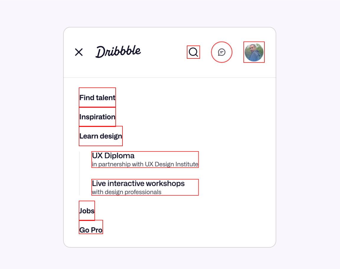 A figure that shows how small the target size is for Dribbble's navigation on mobile.