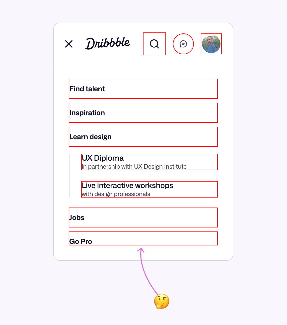 A figure that shows the Dribbble UI on mobile after increasing the target size.