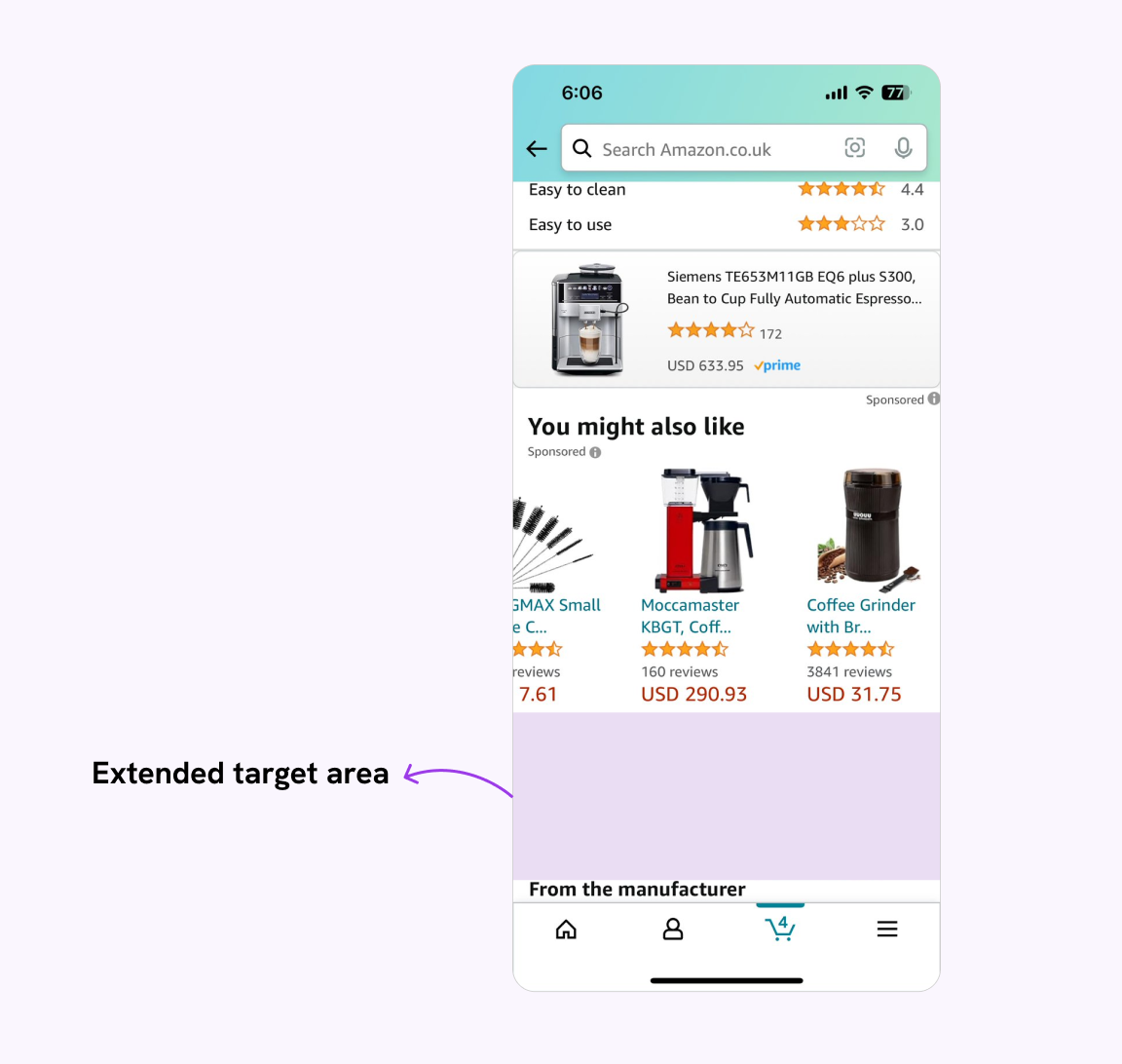 A screenshot from Amazon mobile app that highlights the area underneath a scrollable section.