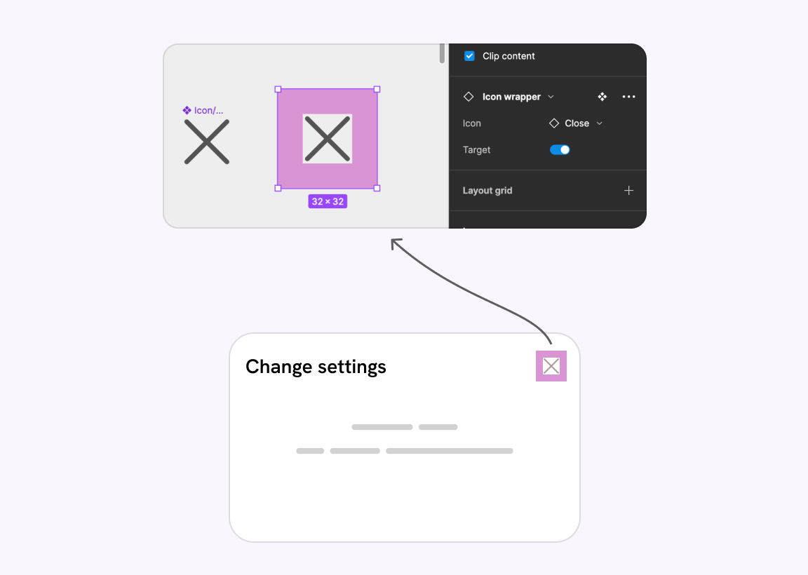 Figure that shows a suggestion to have a target area option in Figma components.