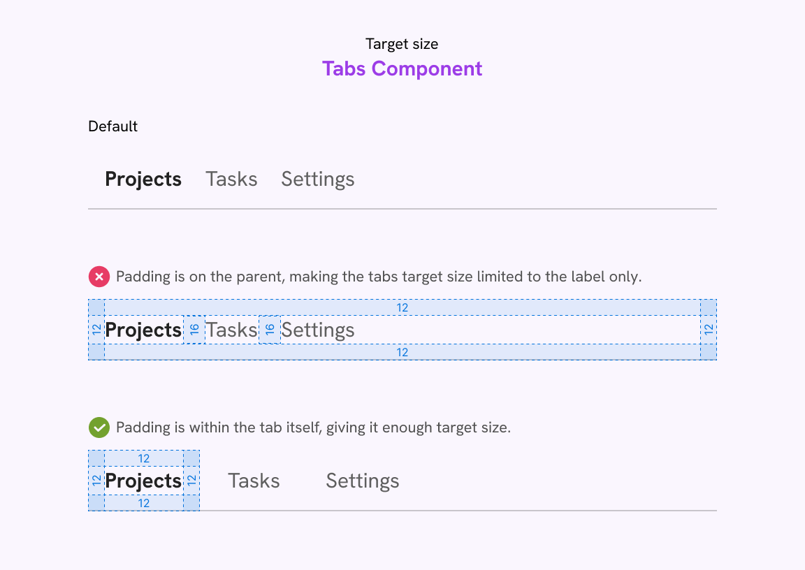A sample UI that shows a tabs component and how to highlight the target size to the developers.