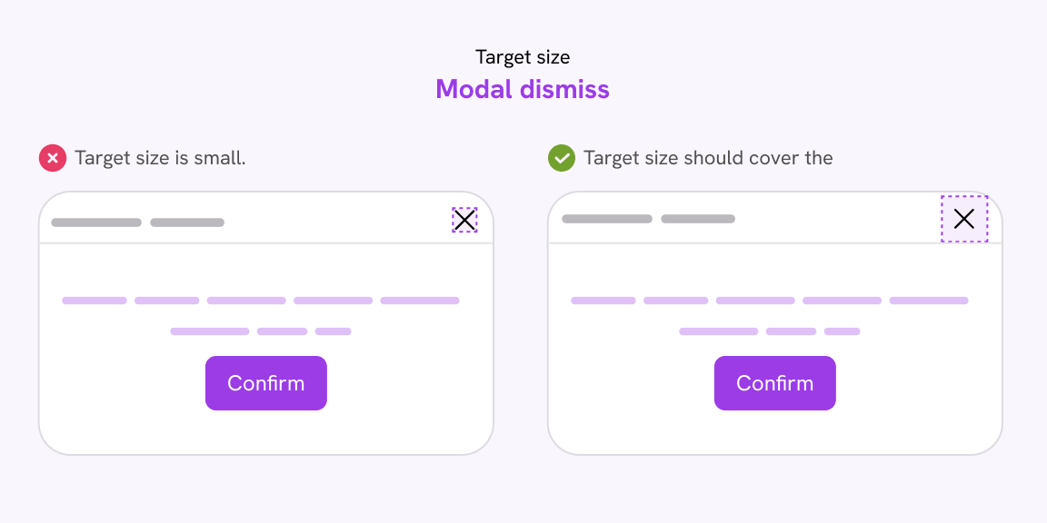 A UI spec that shows how it's better to have the target size around the icon, not just the icon only.