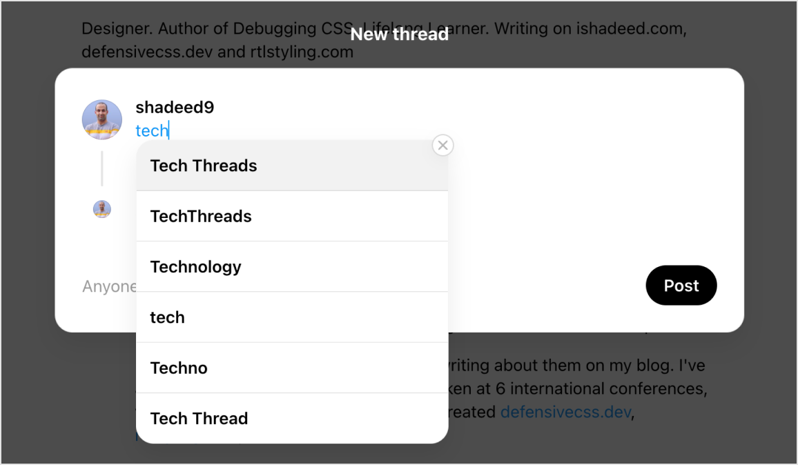 A screenshots from Meta threads app that shows how tiny the dismiss button is for the hashtags menu.
