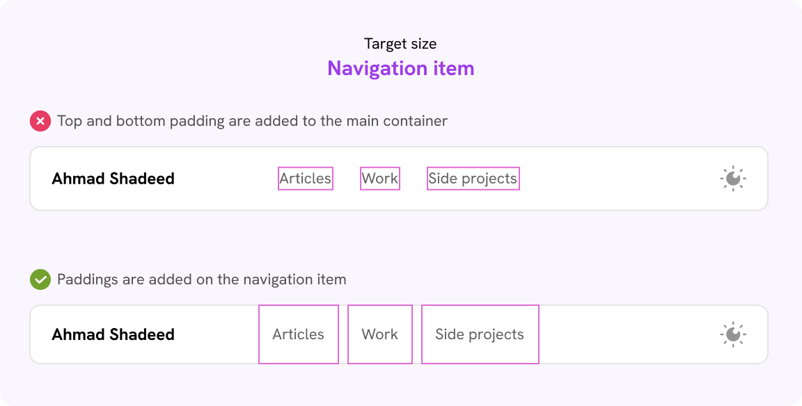 Top: navigation items as text items only. Bottom: navigation items with proper padding on Figma with auto-layout.