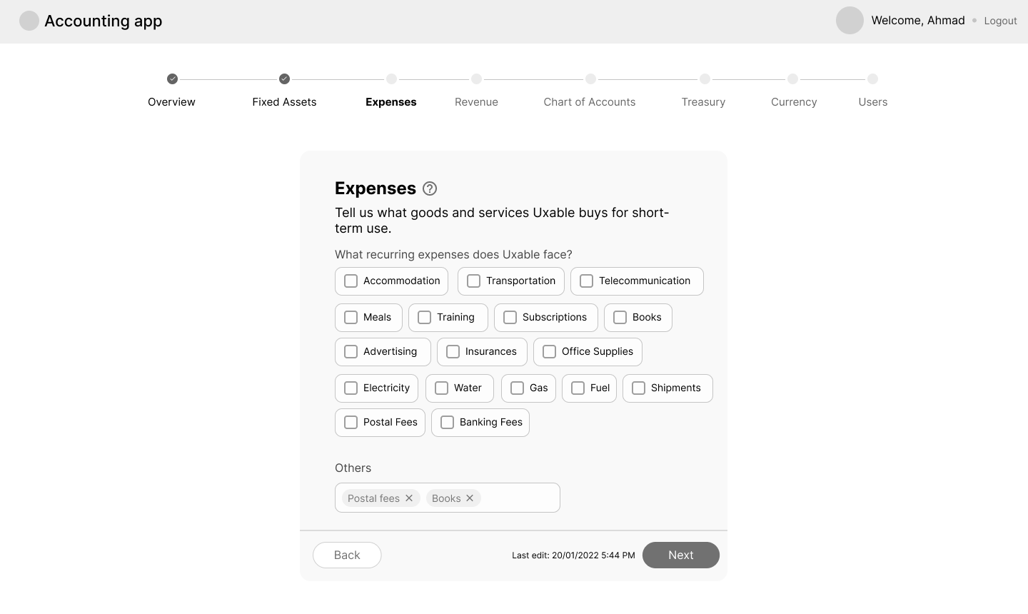 Expenses wireframe